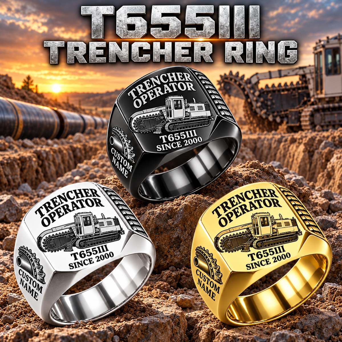 Personalized T655III Trencher Operator Ring, Silver, Gold and Black three-finish hero, CUSTOM NAME and SINCE 2000 engraving.