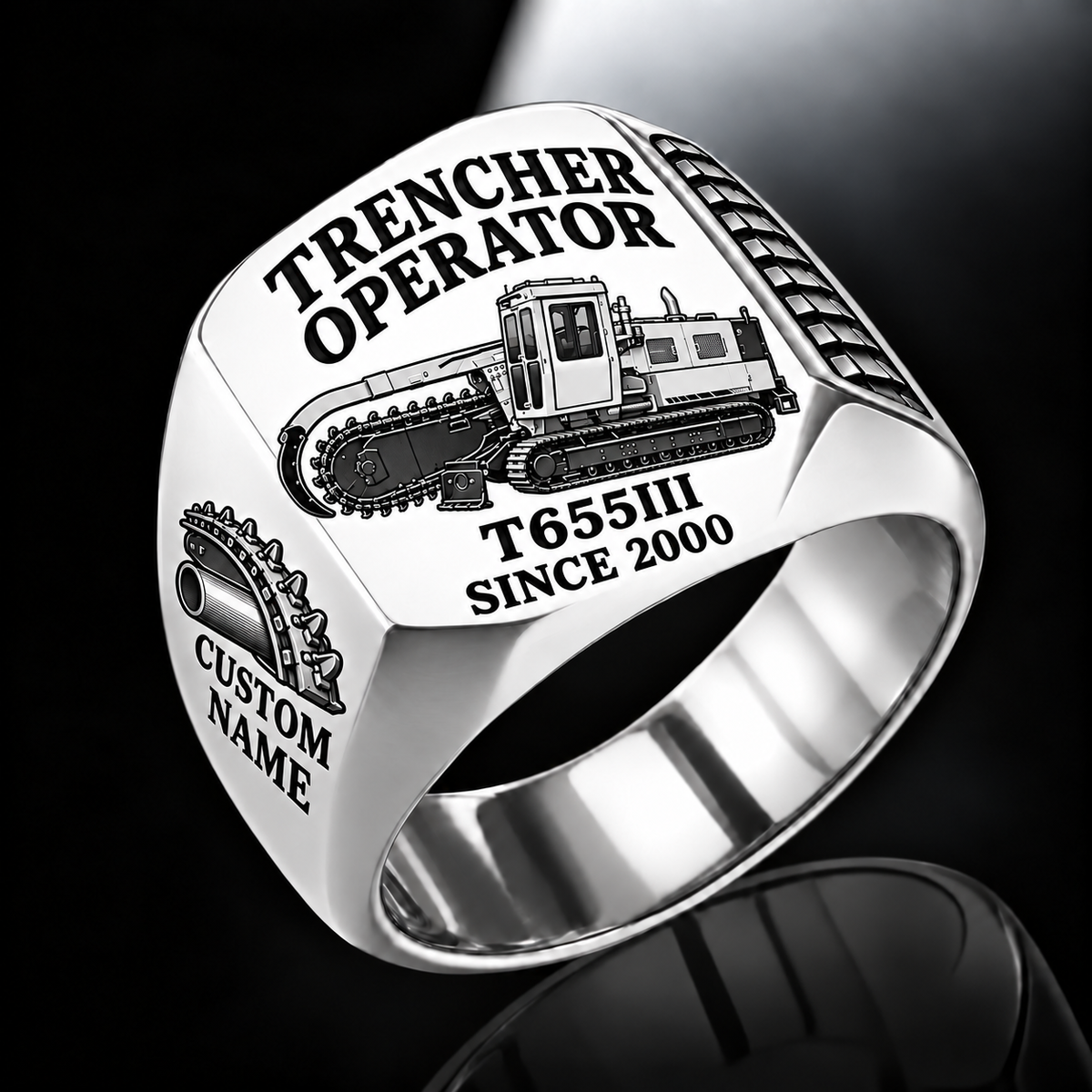 Personalized T655III Trencher Operator Ring, silver finish, CUSTOM NAME and SINCE 2000 engraving.