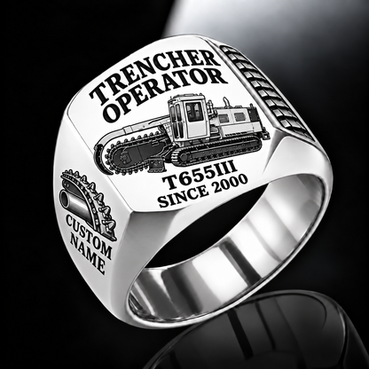 Personalized T655III Trencher Operator Ring, silver finish, CUSTOM NAME and SINCE 2000 engraving.