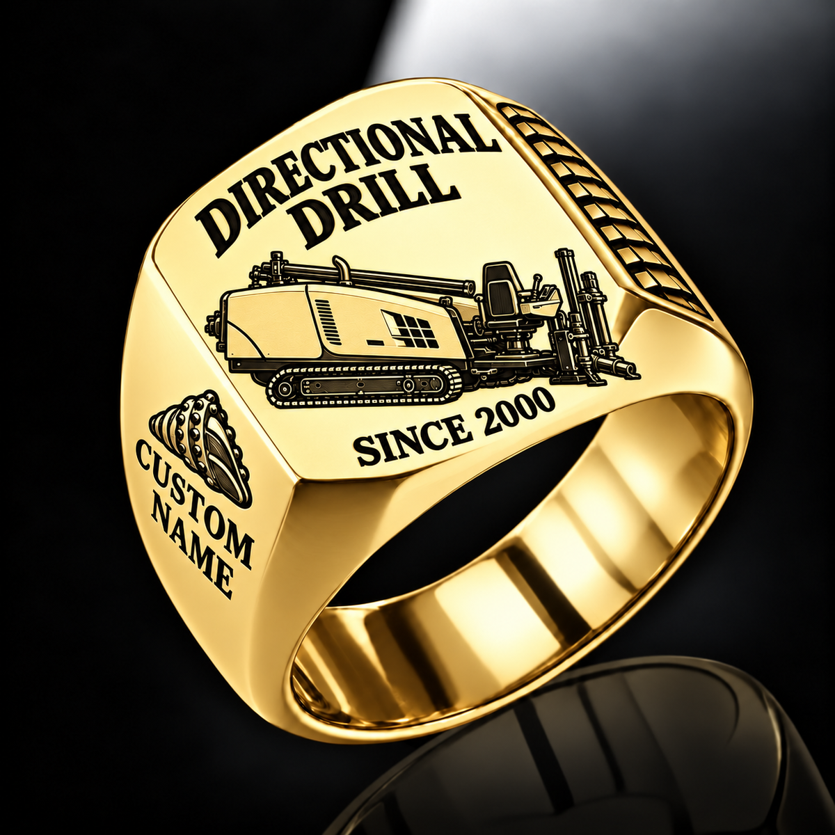 Gold finish Ditch Witch JT20 HDD Directional Drill Signet Ring with JT20 machine engraving, CUSTOM NAME and SINCE 2000 sample text.