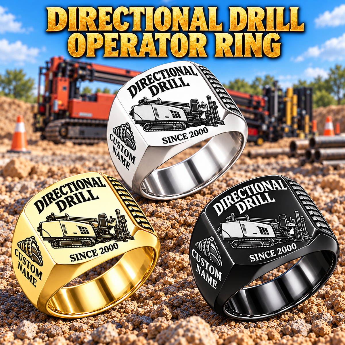 Ditch Witch JT20 HDD Directional Drill Signet Ring: Silver, Gold and Black signet rings with JT20 machine engraving, CUSTOM NAME and SINCE 2000 sample text.