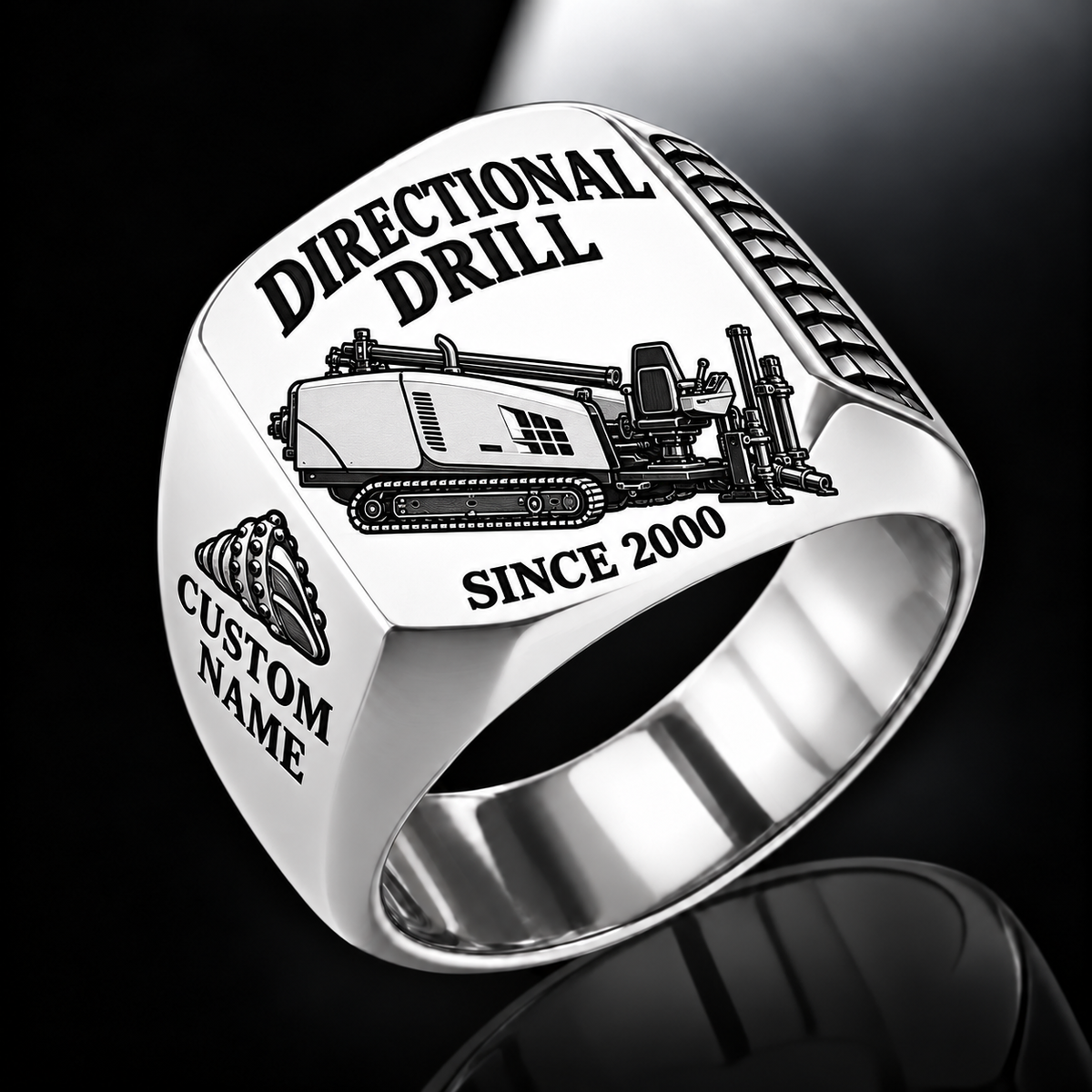 Silver finish Ditch Witch JT20 HDD Directional Drill Signet Ring with JT20 machine engraving, CUSTOM NAME and SINCE 2000 sample text.