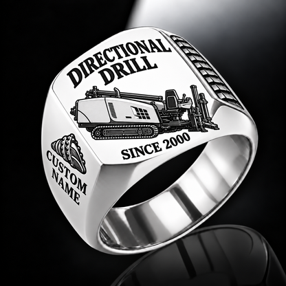 Silver finish Ditch Witch JT20 HDD Directional Drill Signet Ring with JT20 machine engraving, CUSTOM NAME and SINCE 2000 sample text.