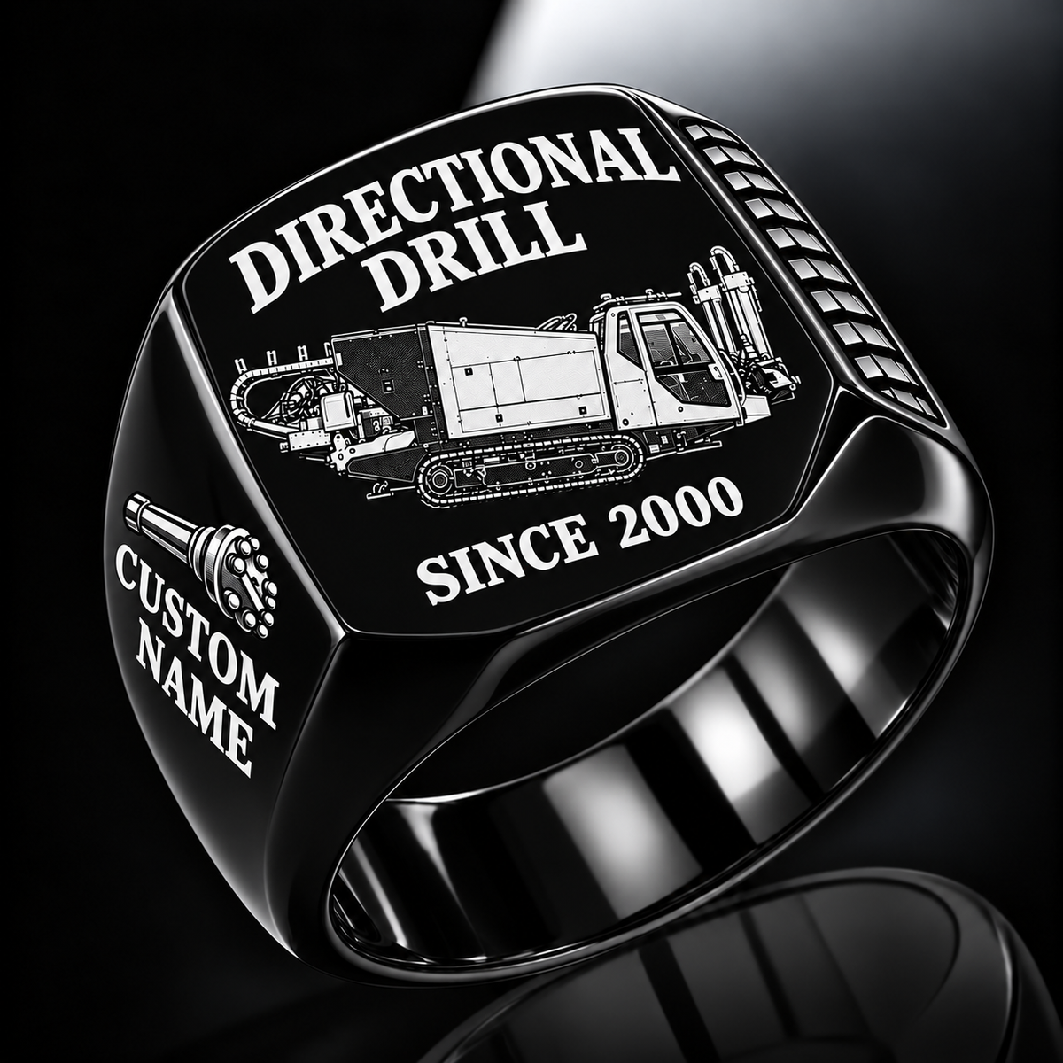 Black finish Vermeer D60x90 S3 HDD Directional Drill Signet Ring with D60x90 S3 machine engraving, CUSTOM NAME and SINCE 2000 sample text.