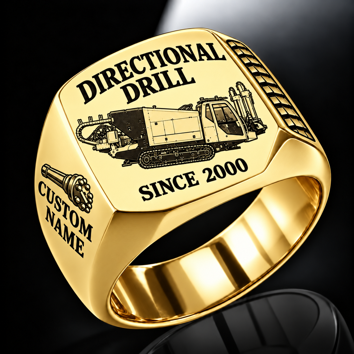 Gold finish Vermeer D60x90 S3 HDD Directional Drill Signet Ring with D60x90 S3 machine engraving, CUSTOM NAME and SINCE 2000 sample text.