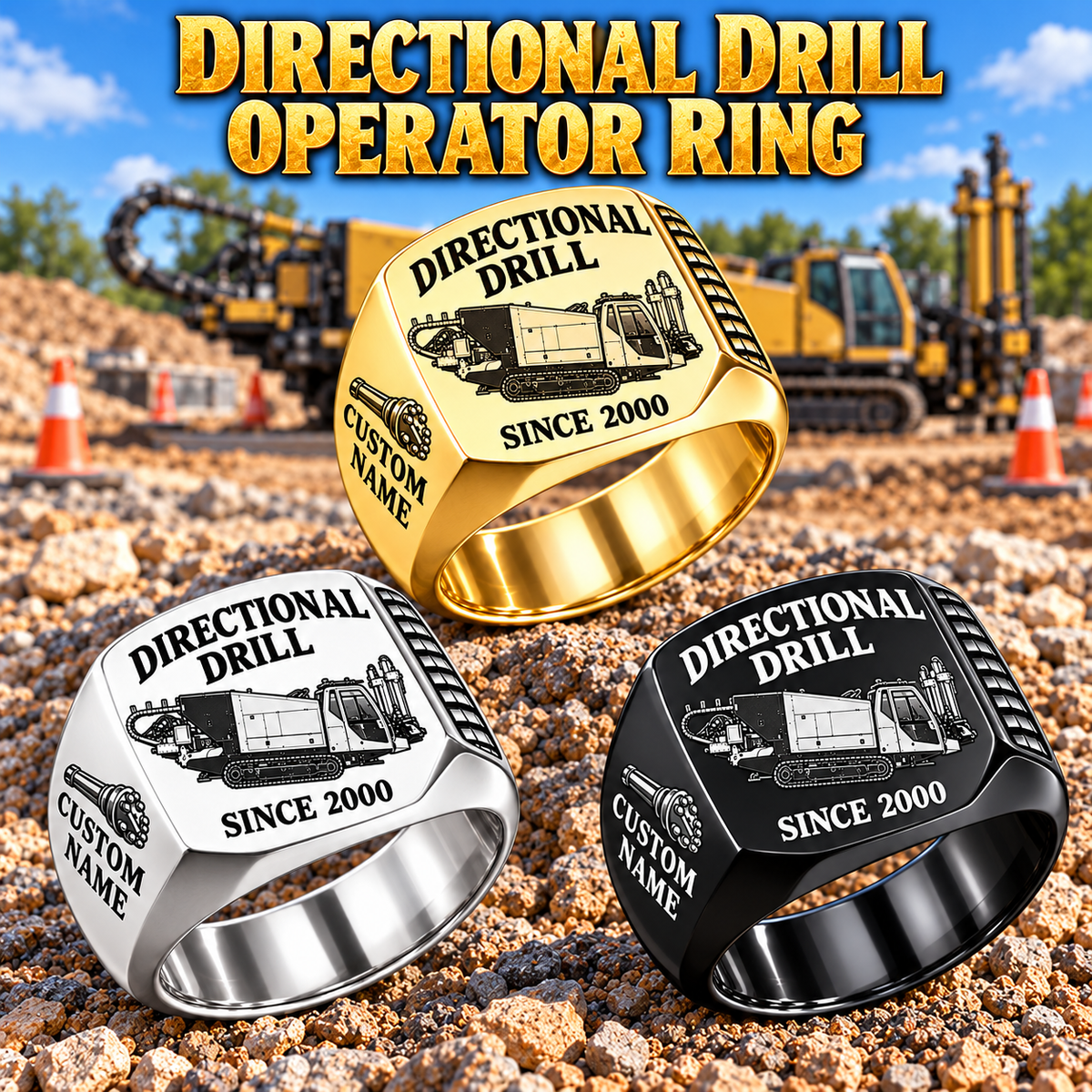 Vermeer D60x90 S3 HDD Directional Drill Signet Ring: Silver, Gold and Black signet rings with D60x90 S3 machine engraving, CUSTOM NAME and SINCE 2000 sample text.
