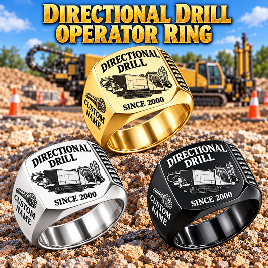 Vermeer D60x90 S3 HDD Directional Drill Signet Ring: Silver, Gold and Black signet rings with D60x90 S3 machine engraving, CUSTOM NAME and SINCE 2000 sample text.
