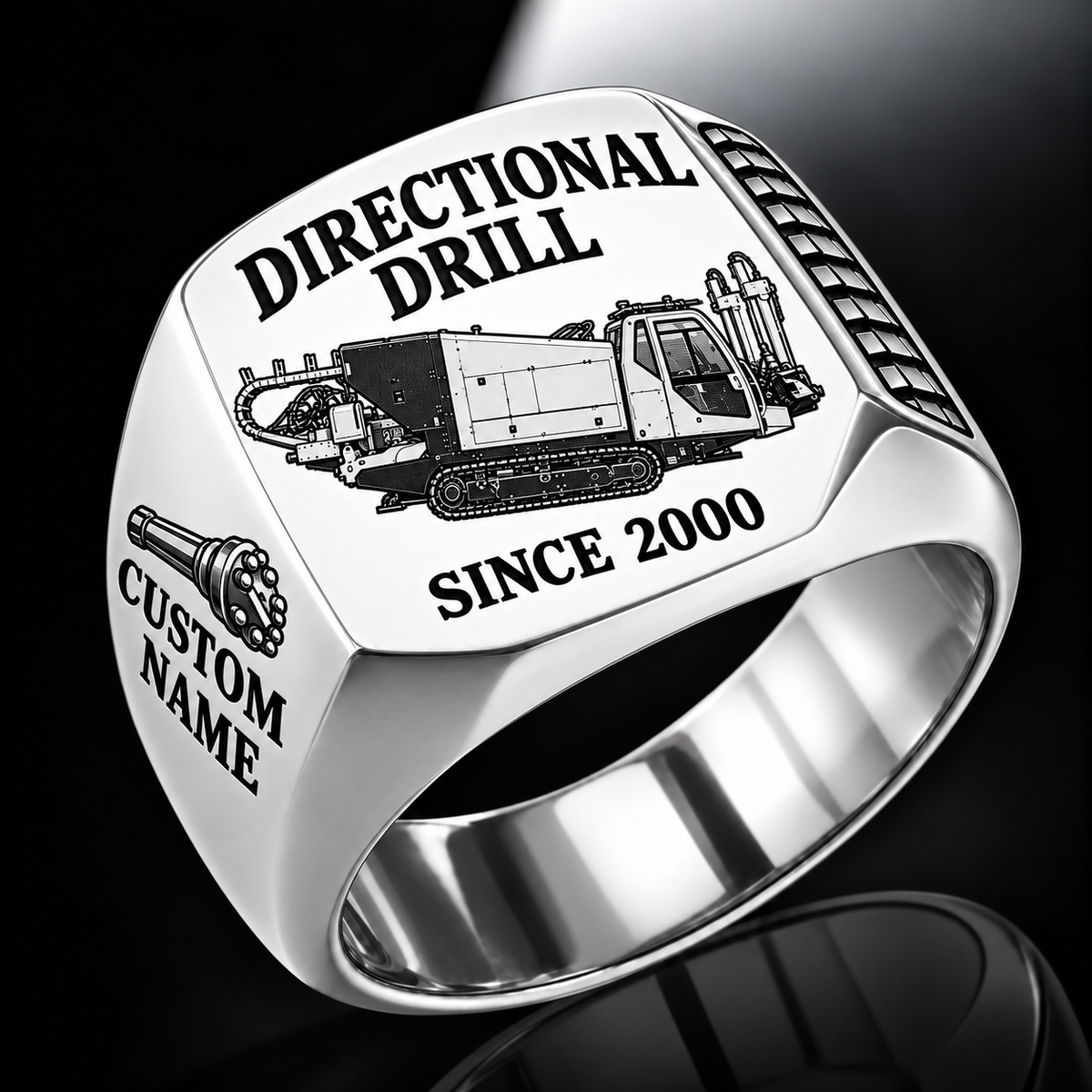 Silver finish Vermeer D60x90 S3 HDD Directional Drill Signet Ring with D60x90 S3 machine engraving, CUSTOM NAME and SINCE 2000 sample text.