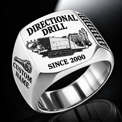 Silver finish Vermeer D60x90 S3 HDD Directional Drill Signet Ring with D60x90 S3 machine engraving, CUSTOM NAME and SINCE 2000 sample text.