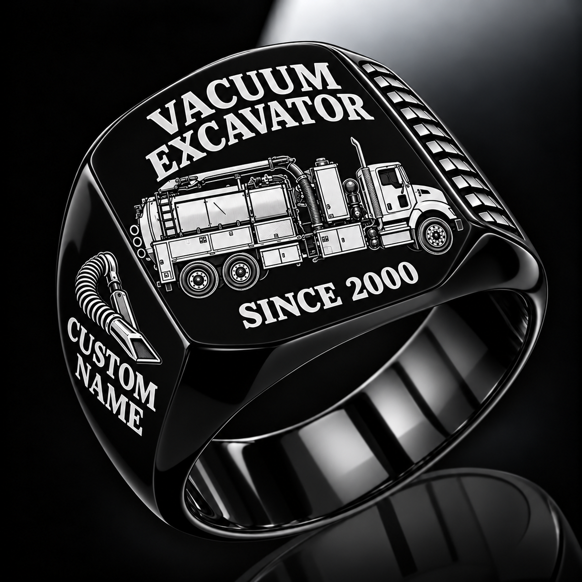 Black finish TRUVAC HXX Truck-Mounted Hydrovac Signet Ring with HXX machine engraving, CUSTOM NAME and SINCE 2000 sample text.