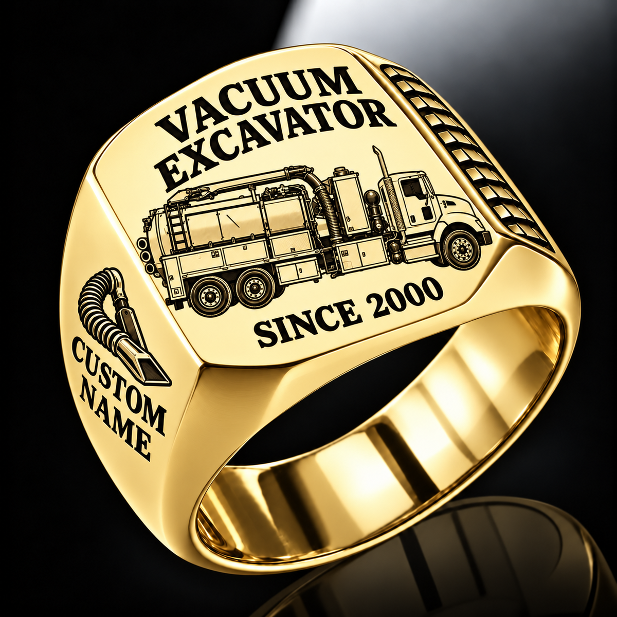 Gold finish TRUVAC HXX Truck-Mounted Hydrovac Signet Ring with HXX machine engraving, CUSTOM NAME and SINCE 2000 sample text.