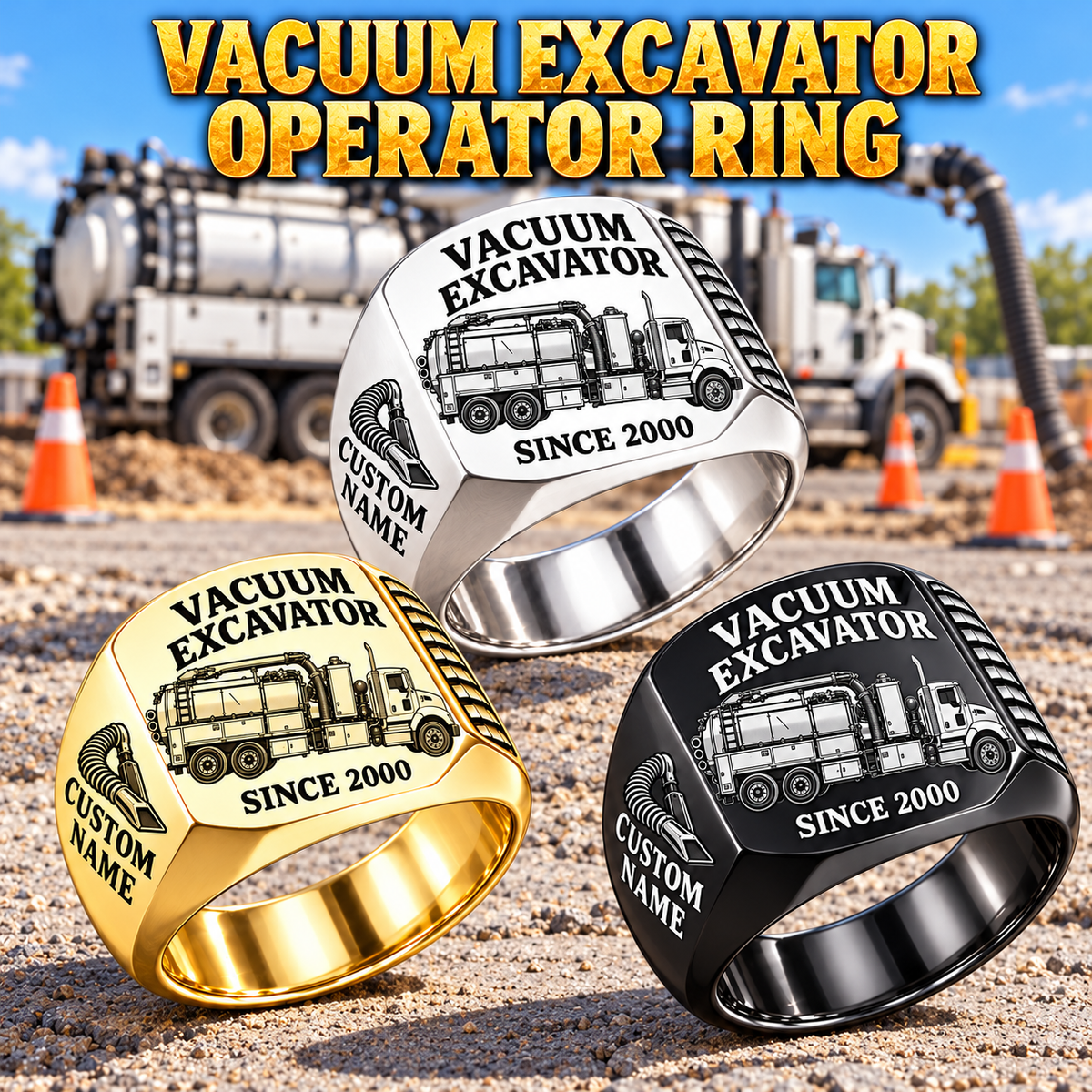 TRUVAC HXX Truck-Mounted Hydrovac Signet Ring: Silver, Gold and Black signet rings with HXX machine engraving, CUSTOM NAME and SINCE 2000 sample text.
