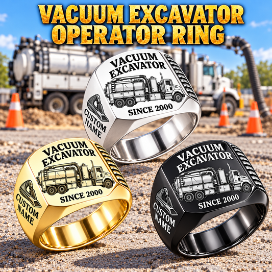 TRUVAC HXX Truck-Mounted Hydrovac Signet Ring: Silver, Gold and Black signet rings with HXX machine engraving, CUSTOM NAME and SINCE 2000 sample text.