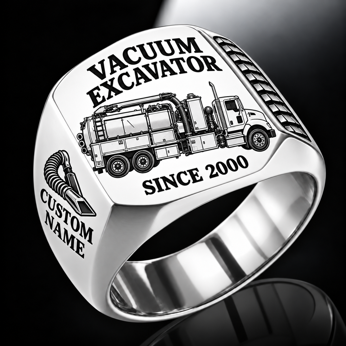 Silver finish TRUVAC HXX Truck-Mounted Hydrovac Signet Ring with HXX machine engraving, CUSTOM NAME and SINCE 2000 sample text.