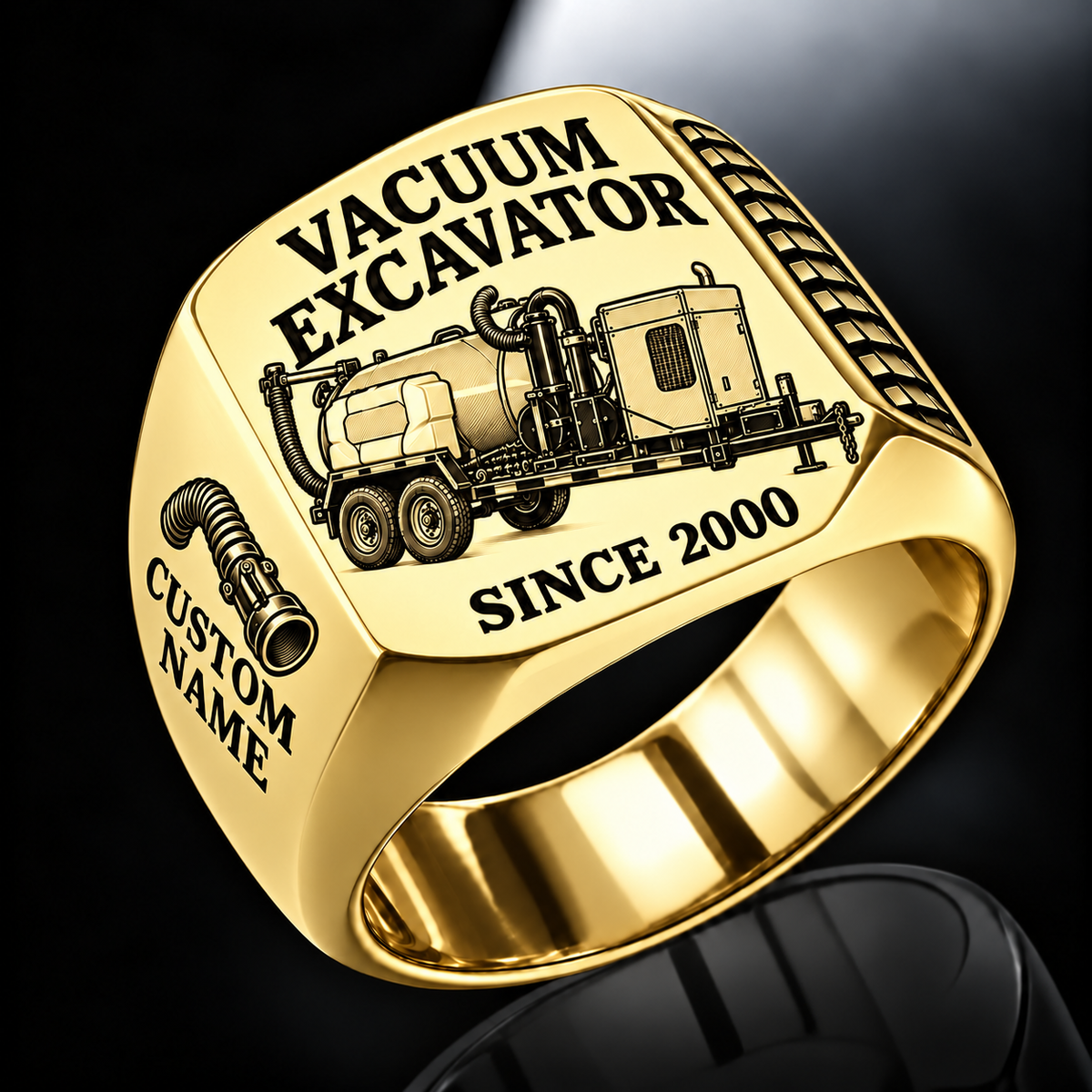 Gold finish Ditch Witch HX30 Trailer Vacuum Excavator Signet Ring with HX30 machine engraving, CUSTOM NAME and SINCE 2000 sample text.