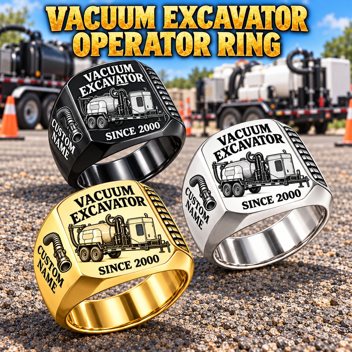 Ditch Witch HX30 Trailer Vacuum Excavator Signet Ring: Silver, Gold and Black signet rings with HX30 machine engraving, CUSTOM NAME and SINCE 2000 sample text.