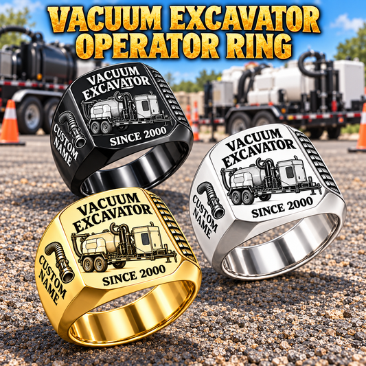 Ditch Witch HX30 Trailer Vacuum Excavator Signet Ring: Silver, Gold and Black signet rings with HX30 machine engraving, CUSTOM NAME and SINCE 2000 sample text.
