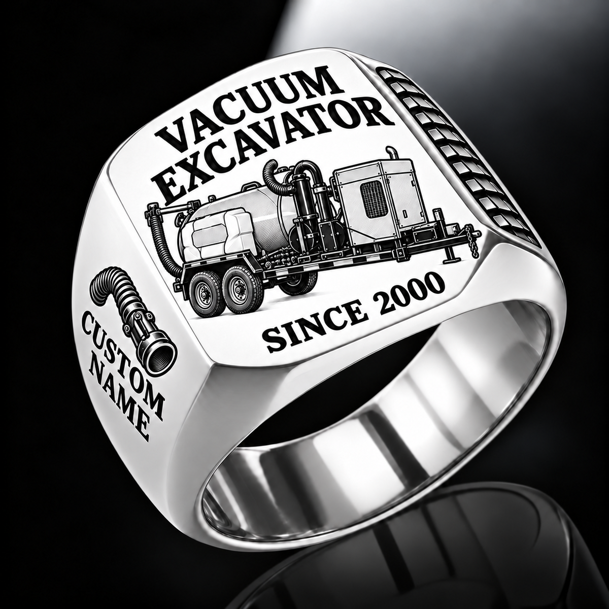Silver finish Ditch Witch HX30 Trailer Vacuum Excavator Signet Ring with HX30 machine engraving, CUSTOM NAME and SINCE 2000 sample text.