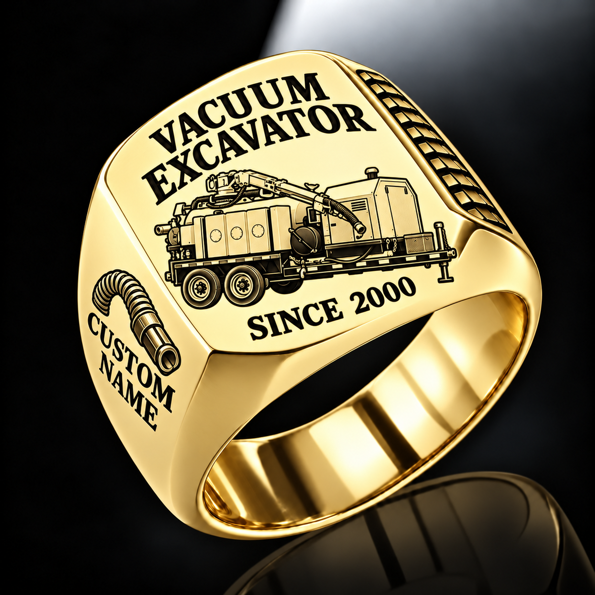 Gold finish Vermeer VX50-800 Trailer Vacuum Excavator Signet Ring with VX50 machine engraving, CUSTOM NAME and SINCE 2000 sample text.