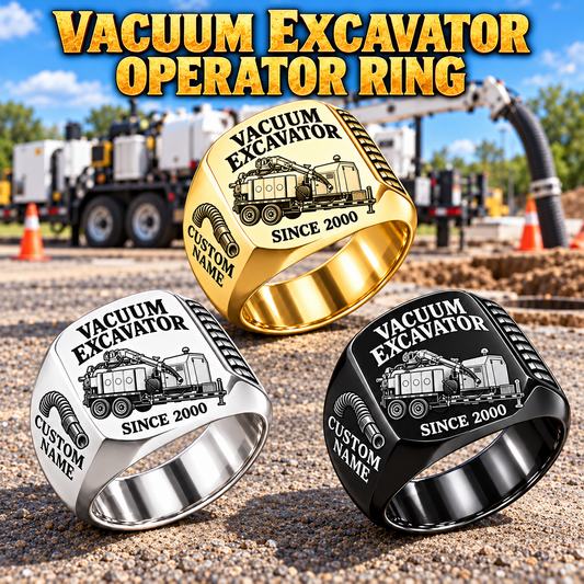 Vermeer VX50-800 Trailer Vacuum Excavator Signet Ring: Silver, Gold and Black signet rings with VX50 machine engraving, CUSTOM NAME and SINCE 2000 sample text.