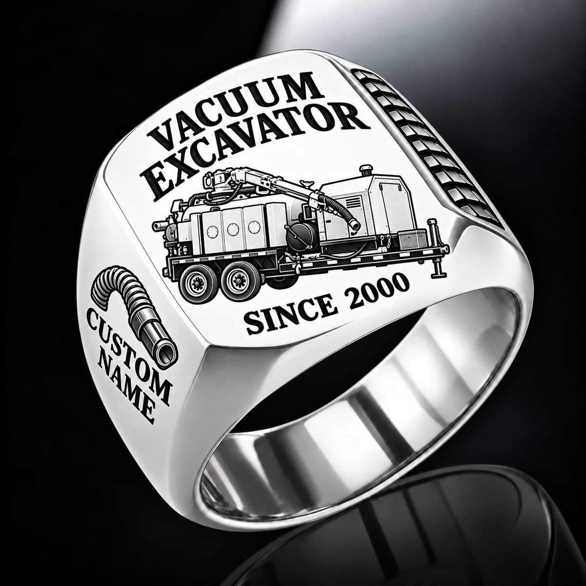 Silver finish Vermeer VX50-800 Trailer Vacuum Excavator Signet Ring with VX50 machine engraving, CUSTOM NAME and SINCE 2000 sample text.