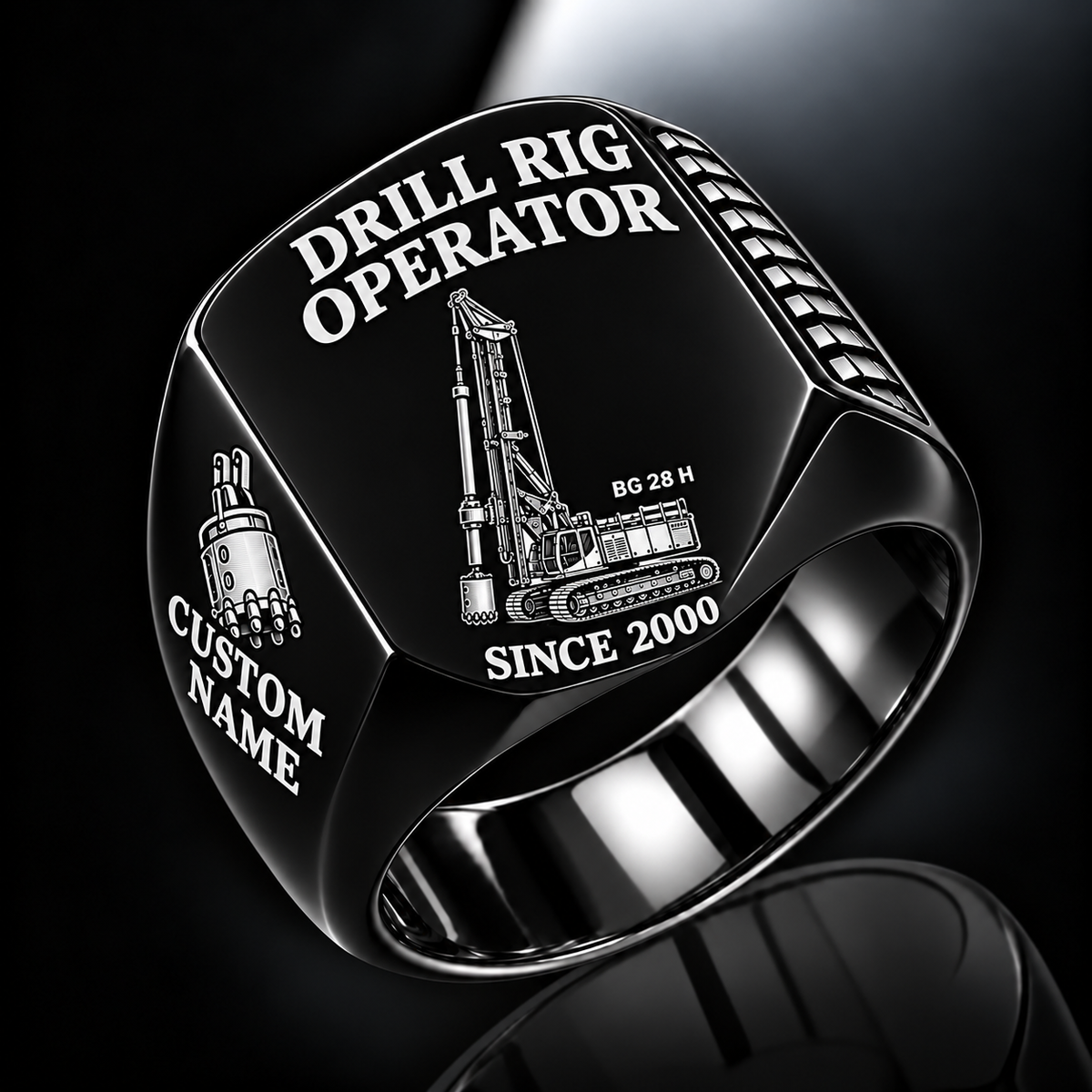 Black personalized BG 28 H foundation drilling rig operator signet ring with original unbranded machinery, CUSTOM NAME and SINCE 2000.