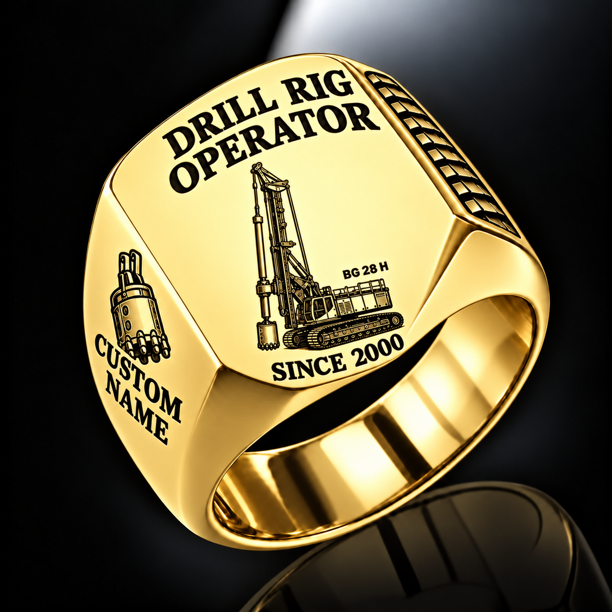 Gold personalized BG 28 H foundation drilling rig operator signet ring with original unbranded machinery, CUSTOM NAME and SINCE 2000.