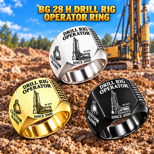 Hero personalized BG 28 H foundation drilling rig operator signet ring with original unbranded machinery, CUSTOM NAME and SINCE 2000.