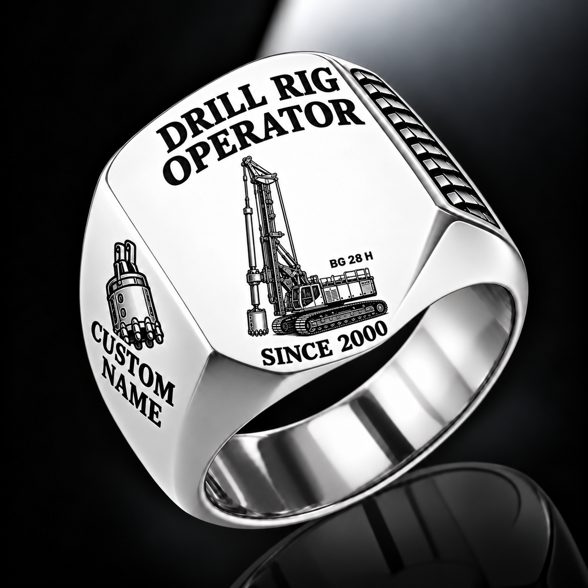 Silver personalized BG 28 H foundation drilling rig operator signet ring with original unbranded machinery, CUSTOM NAME and SINCE 2000.