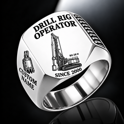 Silver personalized BG 28 H foundation drilling rig operator signet ring with original unbranded machinery, CUSTOM NAME and SINCE 2000.