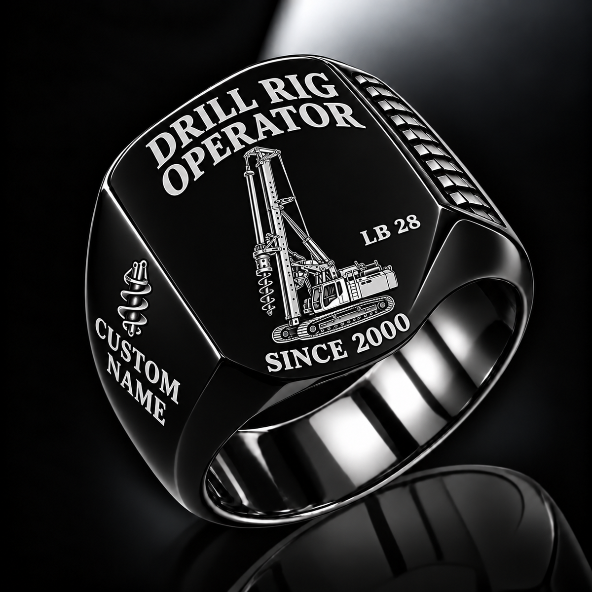 Black personalized LB 28 foundation drilling rig operator signet ring with original unbranded machinery, CUSTOM NAME and SINCE 2000.