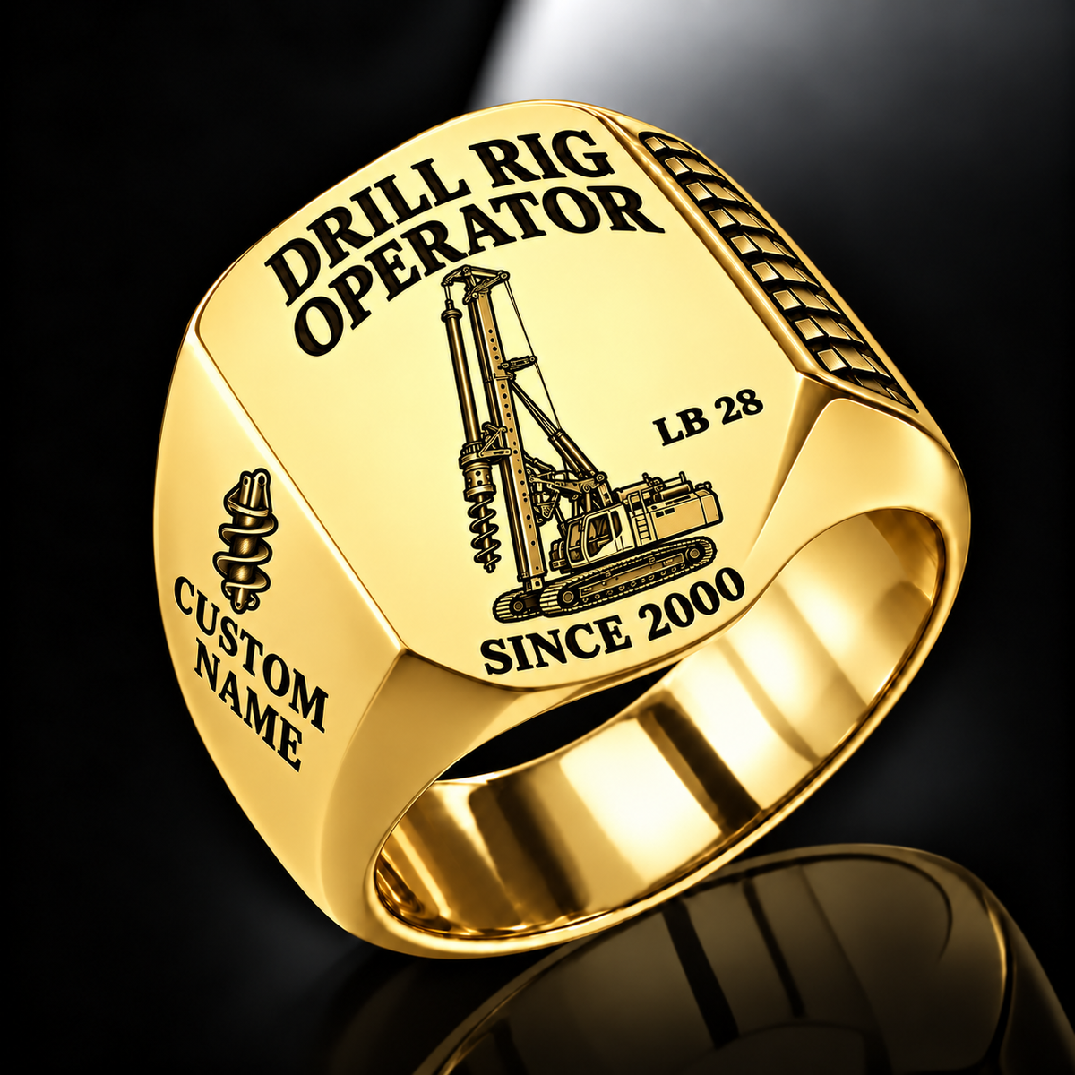 Gold personalized LB 28 foundation drilling rig operator signet ring with original unbranded machinery, CUSTOM NAME and SINCE 2000.