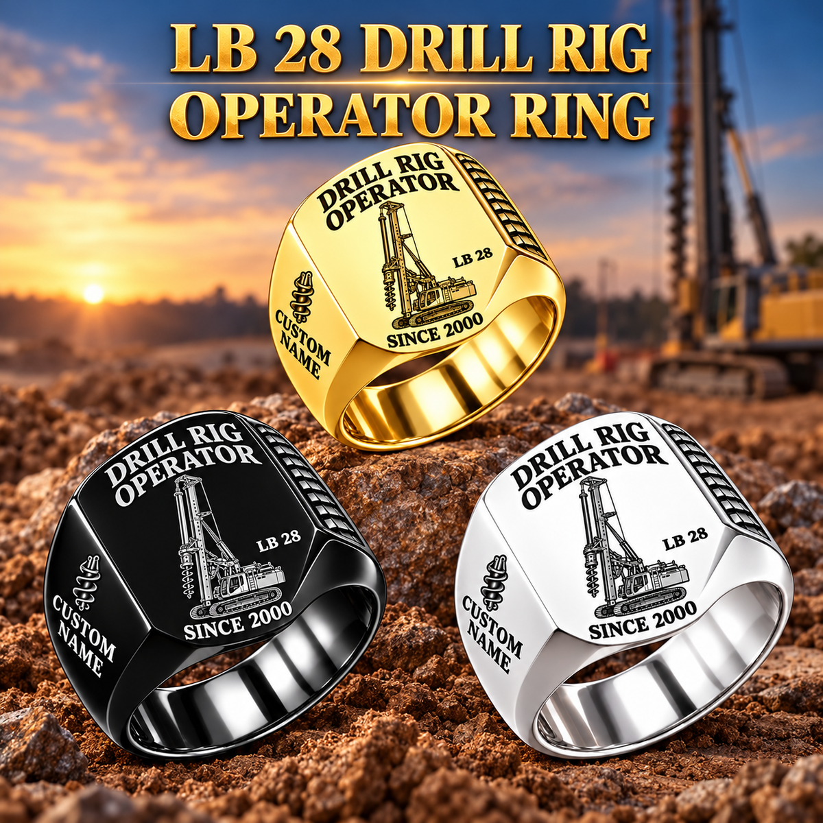 Hero personalized LB 28 foundation drilling rig operator signet ring with original unbranded machinery, CUSTOM NAME and SINCE 2000.