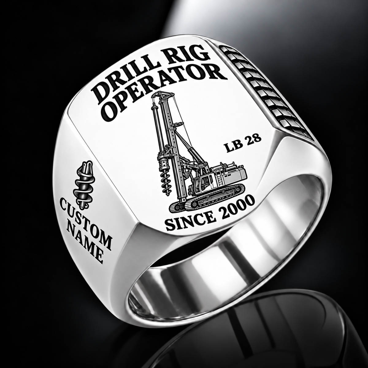Silver personalized LB 28 foundation drilling rig operator signet ring with original unbranded machinery, CUSTOM NAME and SINCE 2000.