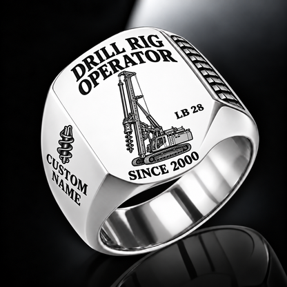 Silver personalized LB 28 foundation drilling rig operator signet ring with original unbranded machinery, CUSTOM NAME and SINCE 2000.