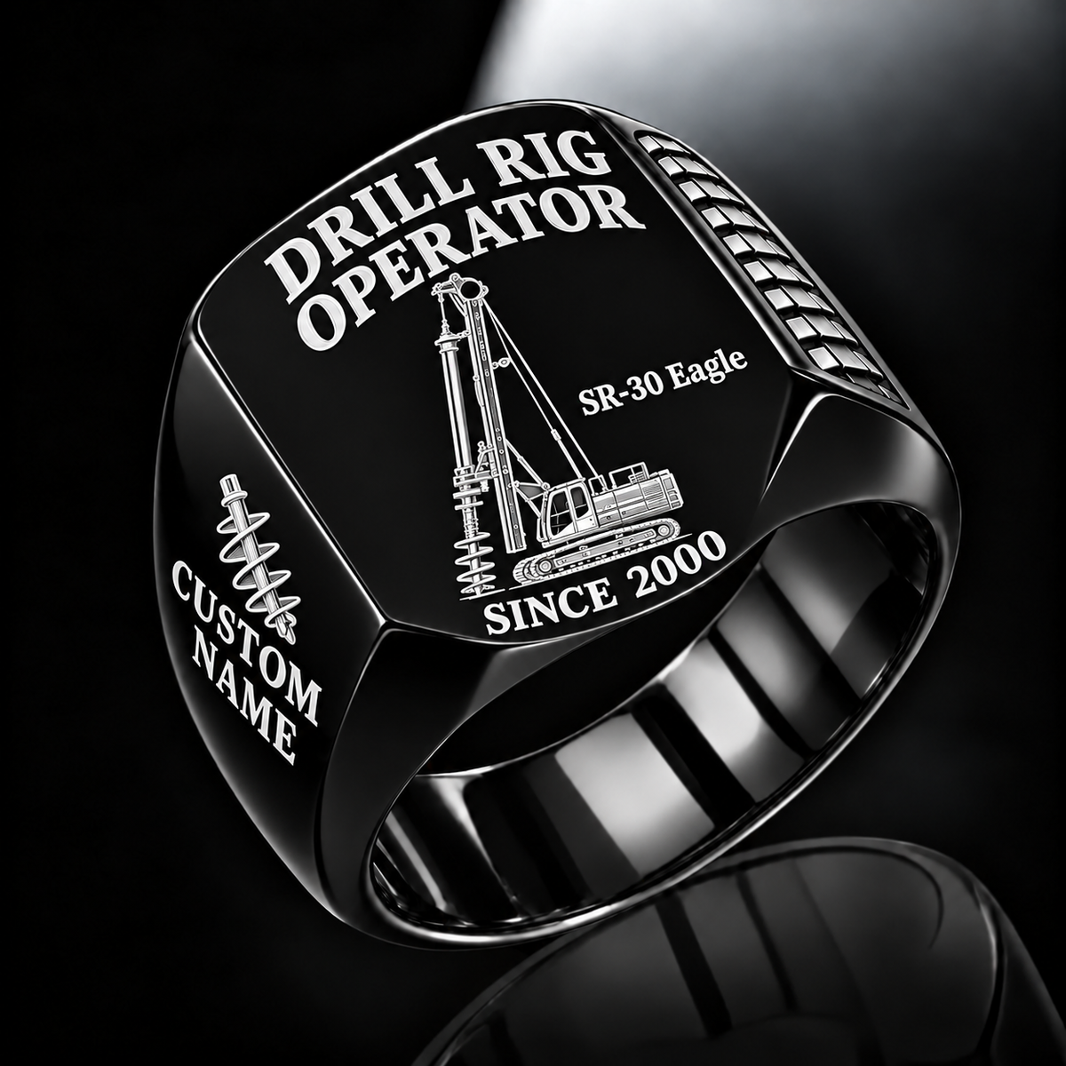 Black personalized SR-30 Eagle foundation drilling rig operator signet ring with original unbranded machinery, CUSTOM NAME and SINCE 2000.