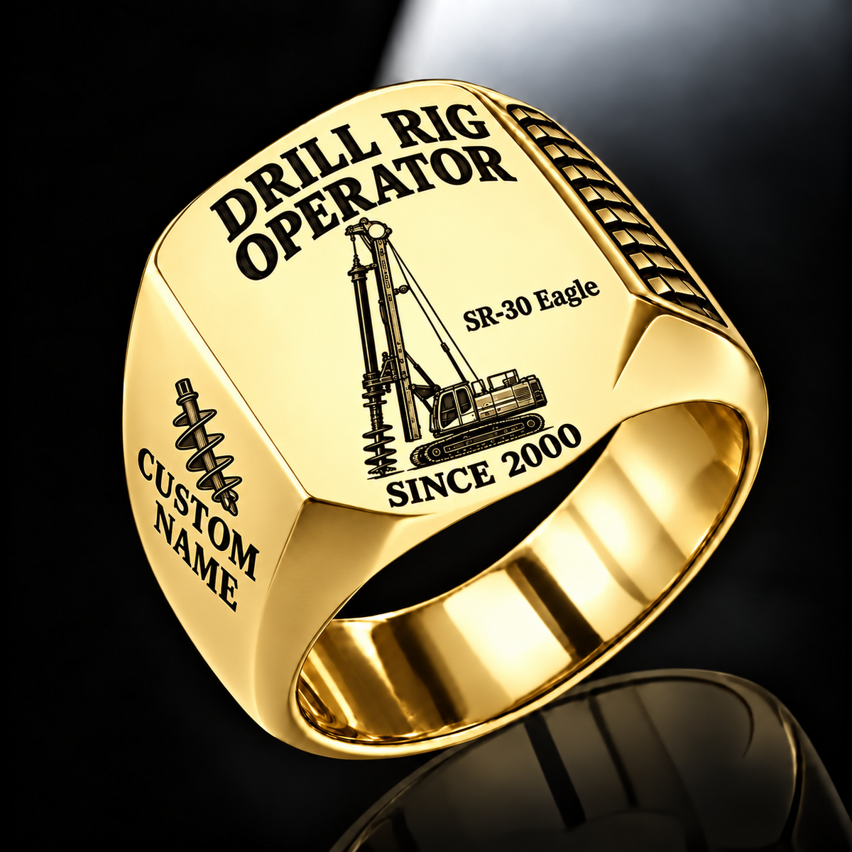 Gold personalized SR-30 Eagle foundation drilling rig operator signet ring with original unbranded machinery, CUSTOM NAME and SINCE 2000.