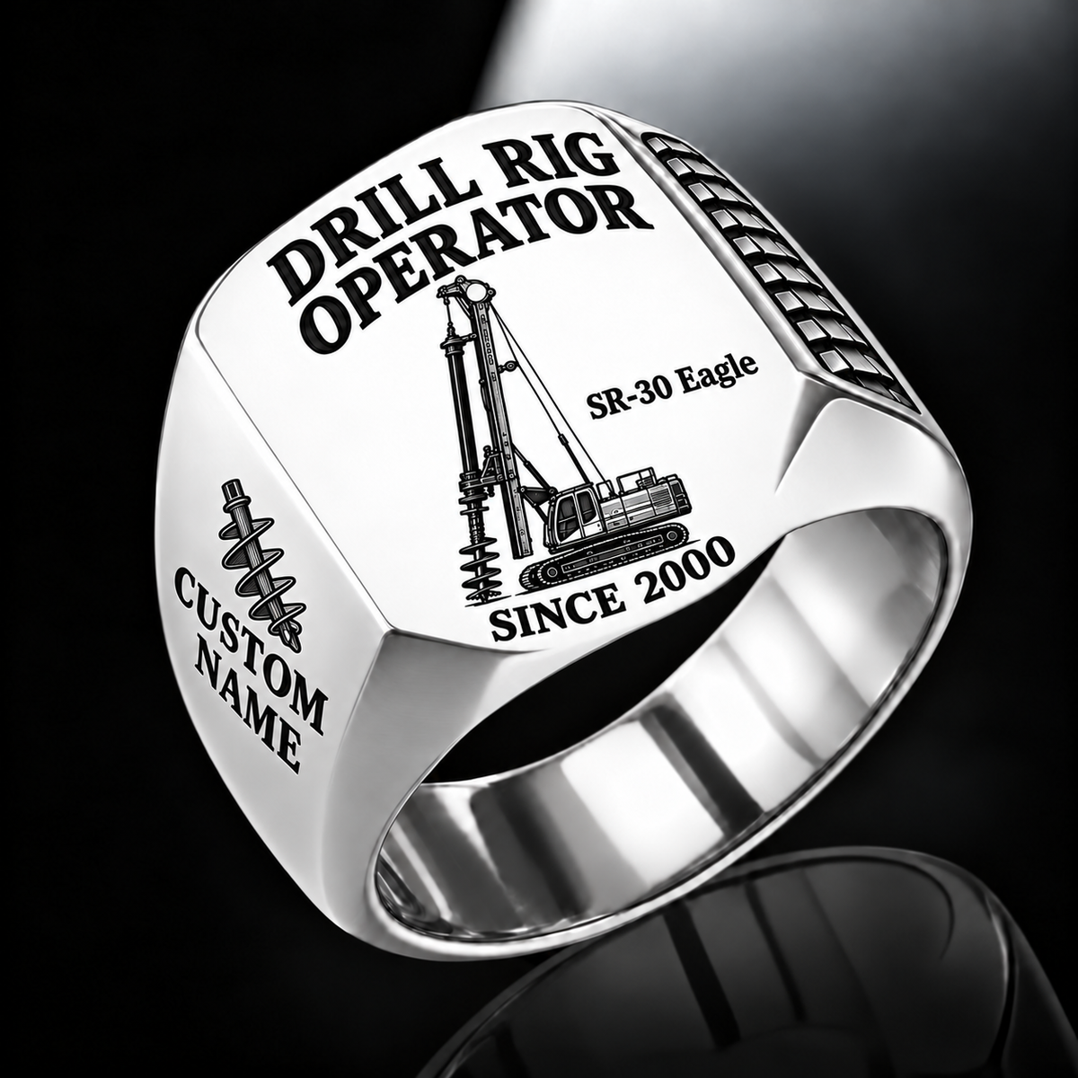 Silver personalized SR-30 Eagle foundation drilling rig operator signet ring with original unbranded machinery, CUSTOM NAME and SINCE 2000.