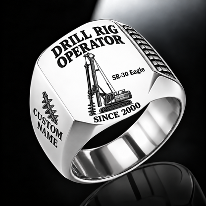 Silver personalized SR-30 Eagle foundation drilling rig operator signet ring with original unbranded machinery, CUSTOM NAME and SINCE 2000.