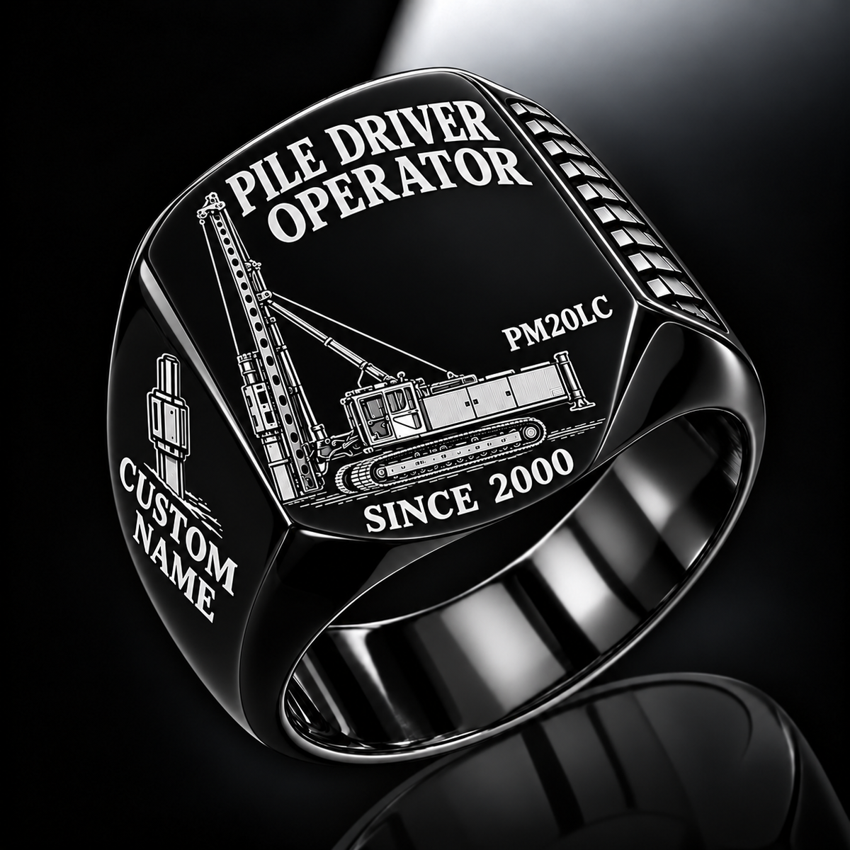 Black personalized PM20LC pile driver operator signet ring with original unbranded machinery, CUSTOM NAME and SINCE 2000.