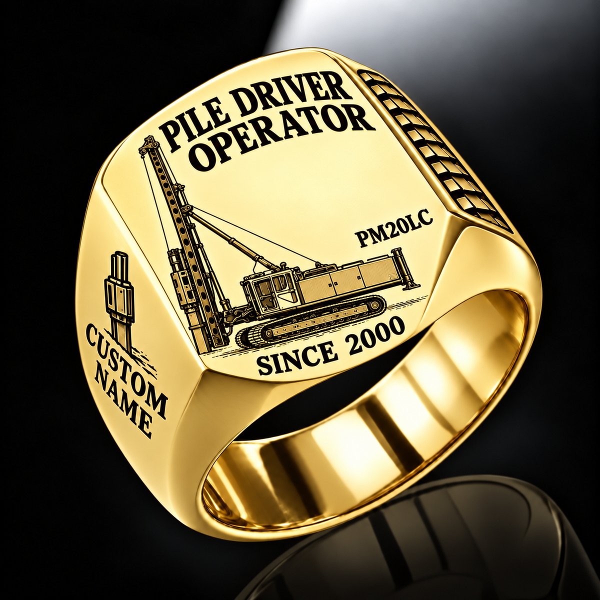 Gold personalized PM20LC pile driver operator signet ring with original unbranded machinery, CUSTOM NAME and SINCE 2000.