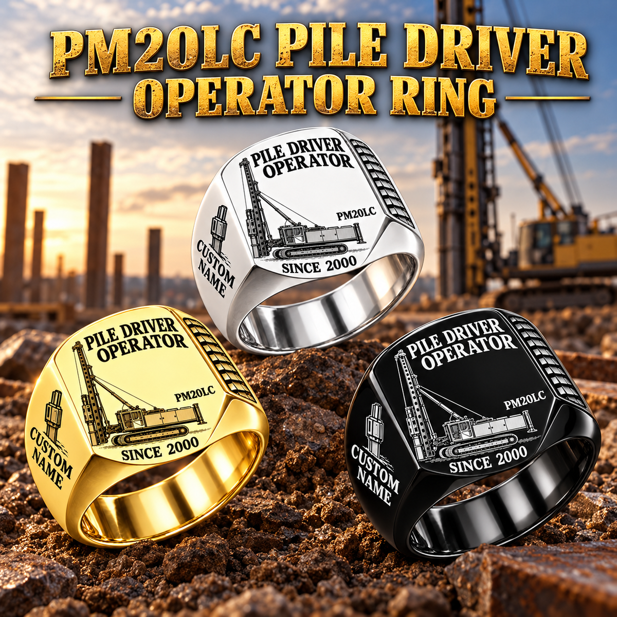 Hero personalized PM20LC pile driver operator signet ring with original unbranded machinery, CUSTOM NAME and SINCE 2000.