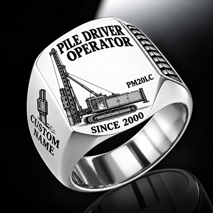 Silver personalized PM20LC pile driver operator signet ring with original unbranded machinery, CUSTOM NAME and SINCE 2000.