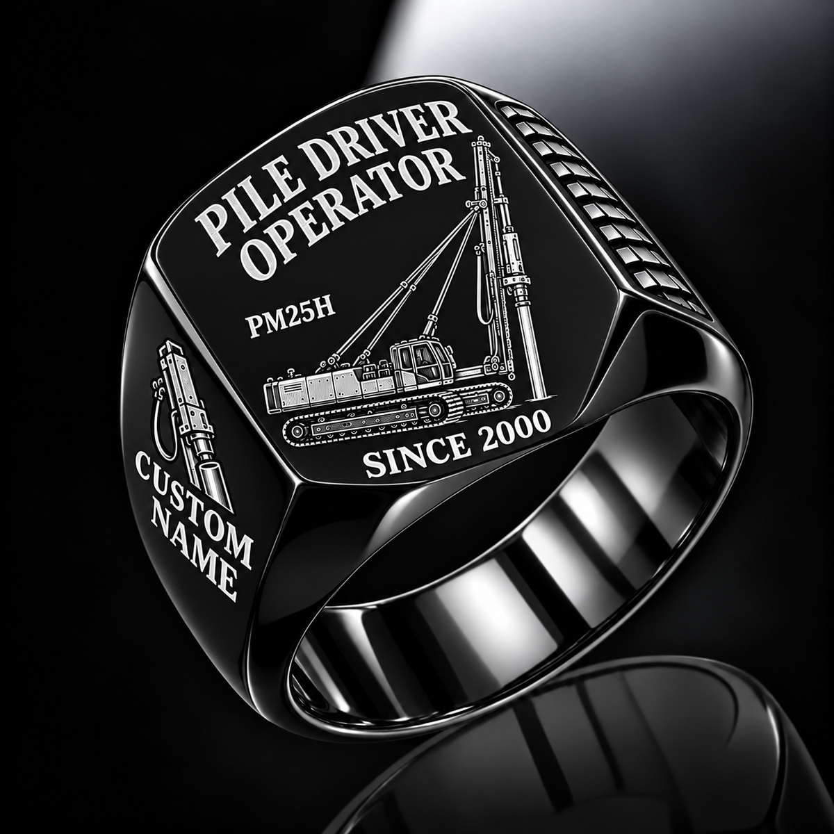 Black personalized PM25H pile driver operator signet ring with original unbranded machinery, CUSTOM NAME and SINCE 2000.