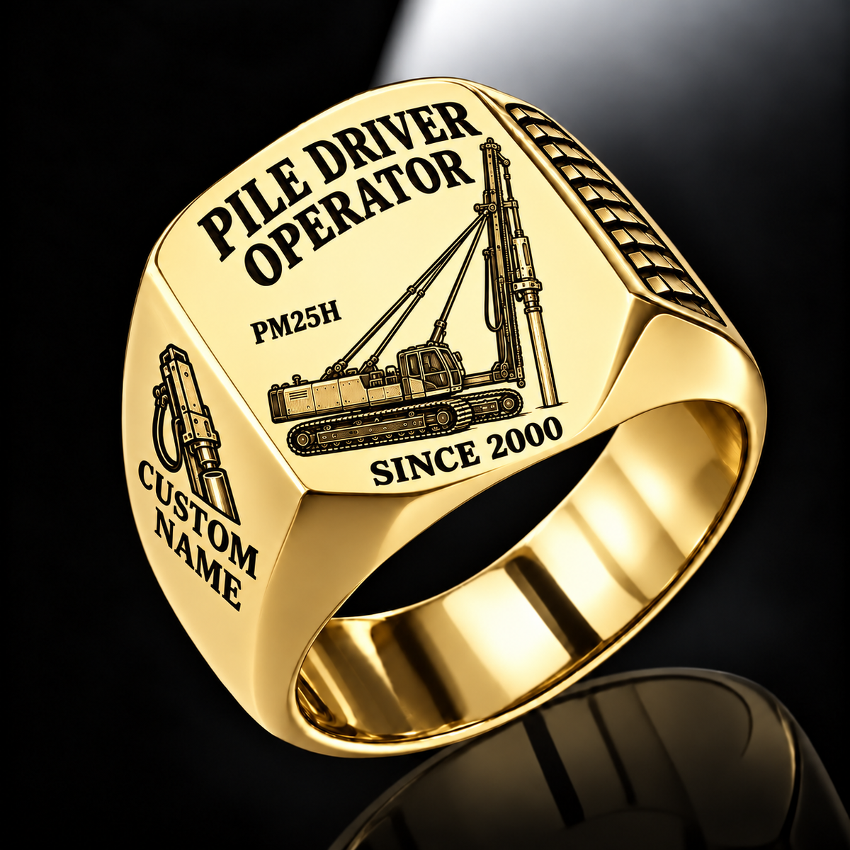 Gold personalized PM25H pile driver operator signet ring with original unbranded machinery, CUSTOM NAME and SINCE 2000.
