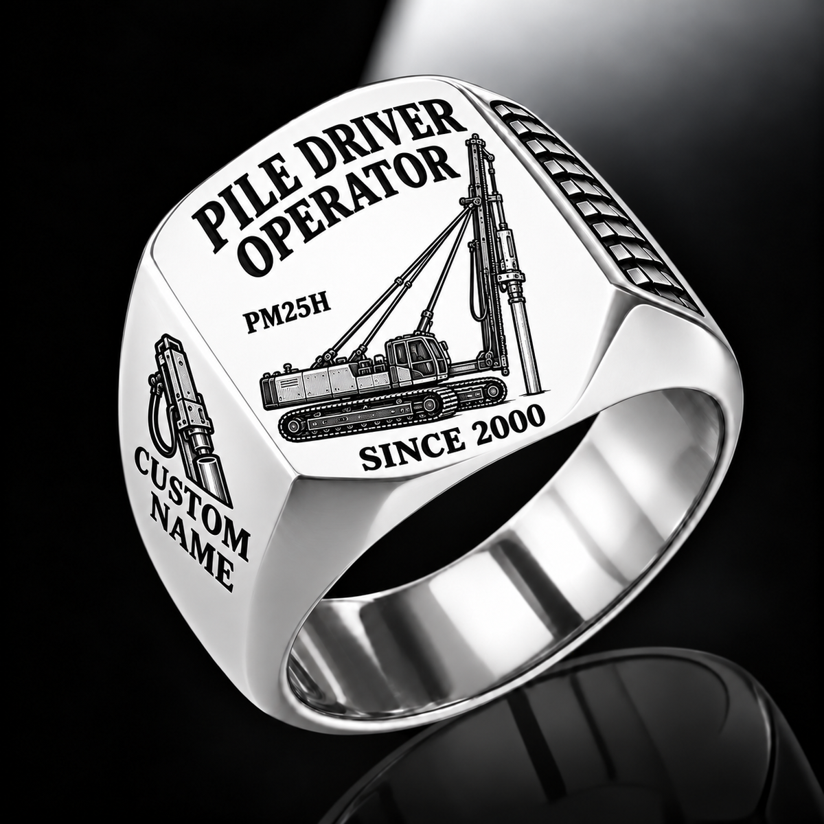 Silver personalized PM25H pile driver operator signet ring with original unbranded machinery, CUSTOM NAME and SINCE 2000.
