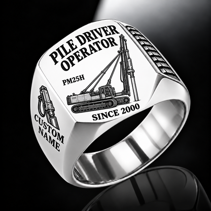 Silver personalized PM25H pile driver operator signet ring with original unbranded machinery, CUSTOM NAME and SINCE 2000.