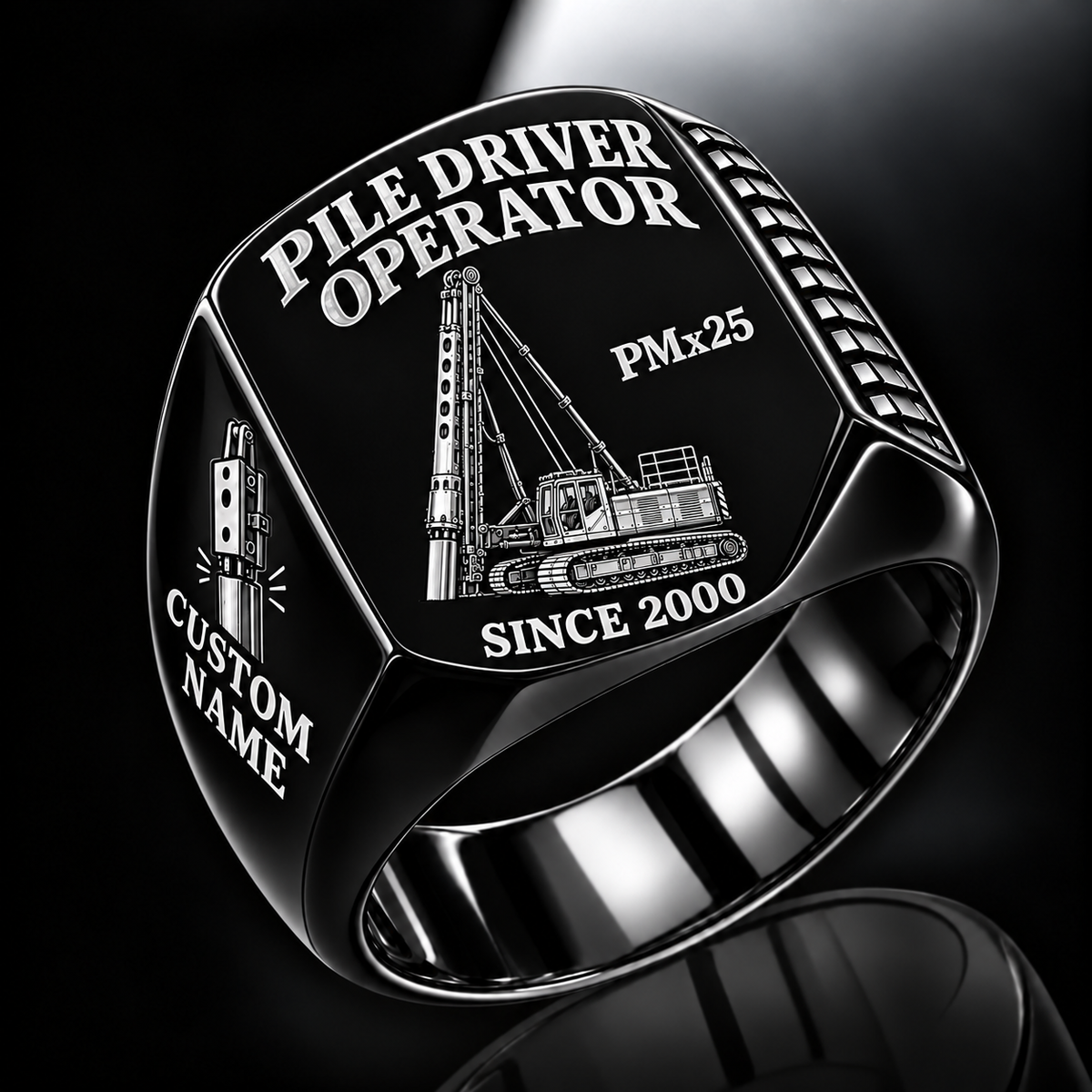 Black personalized PMx25 pile driver operator signet ring with original unbranded machinery, CUSTOM NAME and SINCE 2000.