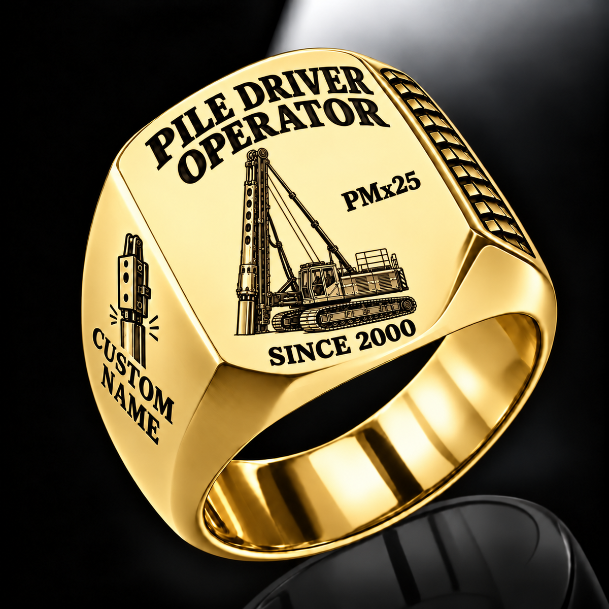 Gold personalized PMx25 pile driver operator signet ring with original unbranded machinery, CUSTOM NAME and SINCE 2000.