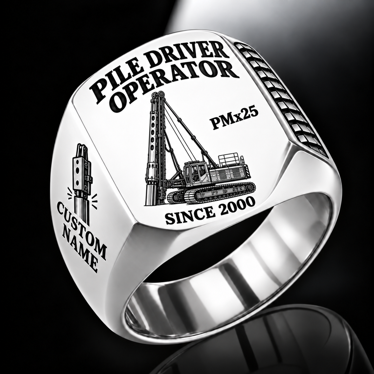 Silver personalized PMx25 pile driver operator signet ring with original unbranded machinery, CUSTOM NAME and SINCE 2000.